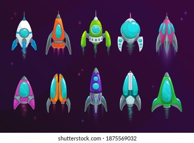 Cartoon Space Rockets Vector Space Ships Isolated Icons. Fantasy Vehicles For Travel In Outer Space, Futuristic Shuttles, Design Elements For Gui Games. Universe Missile, Spacecraft Transportation Set