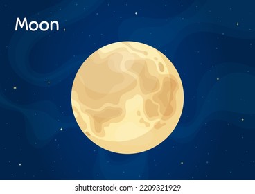 Cartoon space satelite Moon vector illustration. Astronomical object art concept on night sky horizontal space background with cartoon style Earth satelite Moon for children fantasy graphic design