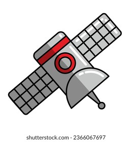 Cartoon space satellite. Cosmos probe. Isolated vector colorful illustration of sputnik on white background. Galaxy and planet research apparatus. Colored clipart on a cosmos theme.