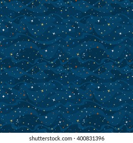 Cartoon space seamless background with colorful stars. Night starry sky. Vector illustration.