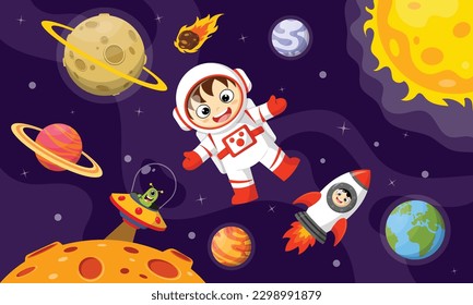 Cartoon space seamless pattern of astronauts, aliens, rocket, planets, comets