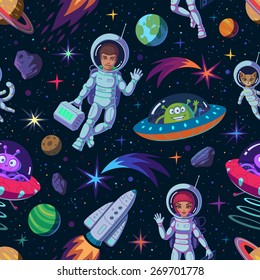 Cartoon space seamless pattern of astronauts, aliens, rocket, planets, comets