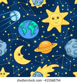 Cartoon space seamless pattern. Children vector background.
