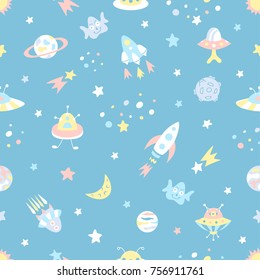 Cartoon space seamless pattern with cute aliens, UFO, moon, spacecraft, planets, galaxies, stars and comets. Childish cosmic background. Vector