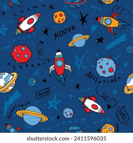 Cartoon space seamless pattern on blue background. Space background. Space doodle illustration. Seamless pattern with cartoon space rockets, planets, and stars.