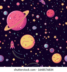 cartoon space. seamless pattern. rocket in space, comet and stars