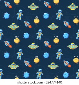 Cartoon space seamless pattern with rocket, alien, planet, astronaut and ufo. Vector illustration
