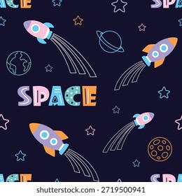 desenho animado espaço sem emenda padrão com foguetes e planetas em fundo preto, vetor plano Ilustração