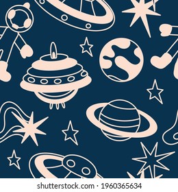 Cartoon space seamless pattern. Spaceships, astronauts and planets. Wallpaper background backdrop. Blue and pink