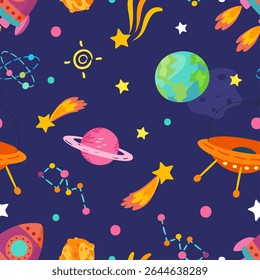 Desenho animado espaço sem emenda padrão. Exploração do universo, planetas, estrelas, constelações, nave espacial e nave alienígena. Tecido, papel de parede design de impressão, fundo do vetor