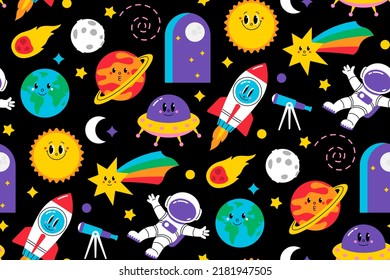 Cartoon space seamless pattern. Vector background with rocket, planets, astronaut, comet, stars, telescope, moon and sun