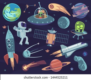 Cartoon Space Set. Cute Astronauts And Ufo Aliens, Satellite Planets And Stars. Meteorite And Spaceship Kids Wallpapers Vector Comic Doodle Asteroid And Sputnik, Comet And Fantastic Moon Print