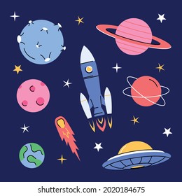 Cartoon space set. Rocket, planets, moon, comet, satellite planets and stars. Meteorite and spaceship. Vector color collection for kids, on dark background