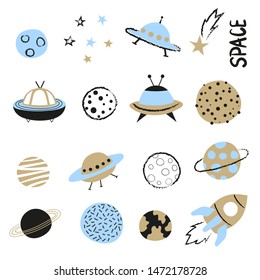 Cartoon space set. Vector illustration of rocket, UFO spaceships and planets.