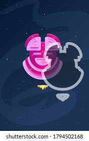 Cartoon Space Ship Circle With  Shadow Purple Pink Light Pink Stars Milkyway Background Vector Design