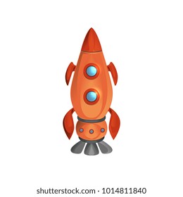 Cartoon space ship launch with porthole windows. Red manned rocket. Flying spacecraft. Cosmos, galaxy theme. Flat vector design for startup innovation