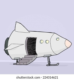Cartoon space ship with open door and stairs