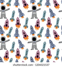Cartoon Space Ship or Rocket Background Pattern on a White Flat Style Design Element Startup Business Concept. Vector illustration