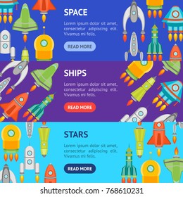 Cartoon Space Ship or Rocket Banner Horizontal Set Flat Style Design Element Startup Business Concept. Vector illustration