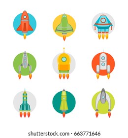 Cartoon Space Ship or Rocket Color Icons Set Flat Style Design Element Startup Business Concept. Vector illustration of Nine Rockets