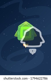 Cartoon Space Ship Square Middle With Shadow Green Light Green  Stars Milkyway Background Vector Design