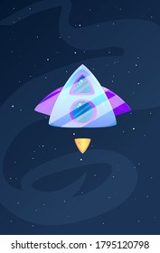 Cartoon Space Ship Triangle Level 1 Shine Effect Purple Blue Stars Milkyway Background Vector Design