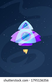 Cartoon Space Ship Triangle Level 2 Shine Effect Purple Blue Stars Milkyway Background Vector Design