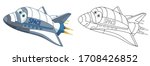 Cartoon space shuttle. Coloring page and colorful clipart character. Cute design for t shirt print, icon, logo, label, patch or sticker. Vector illustration.