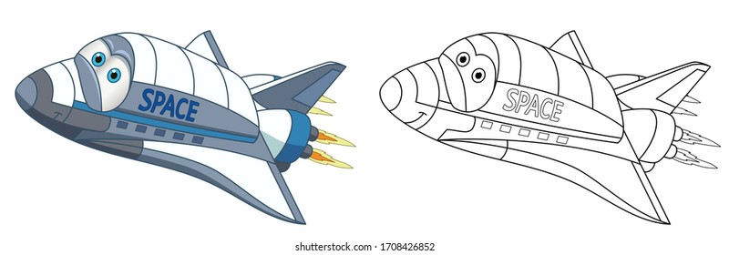 Cartoon space shuttle. Coloring page and colorful clipart character. Cute design for t shirt print, icon, logo, label, patch or sticker. Vector illustration.