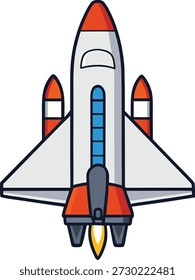 Ilustración vectorial de lanzamiento del transbordador espacial de dibujos animados. Despegue de la nave cohete con escape de fuego. Exploración espacial, ciencia y tecnología icono aislado sobre fondo blanco.