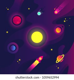 Cartoon space with spacecraft, small planets, meteorite and star in night sky. Flat science vector background. Planet in space, spaceship in galaxy illustration