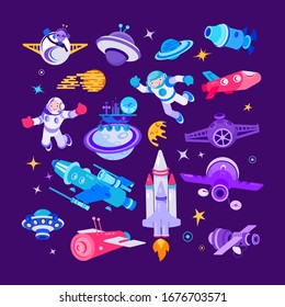 Cartoon space and spaceship vector illustrations. Comic spaceman smiling and waving, people in spacesuit, man and ufo alien in cosmos with shuttle, rocket. Colonization concept, colony on planet set