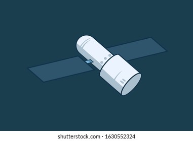 Cartoon space station, starship. Flat vector illustration on blue background.