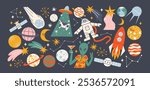 Cartoon space stickers. Galactic elements, planets, rocket, UFO, astronaut, satellite. Shapes of the future of the universe in gravity, trendy retro doodle groovy stickers 90s
