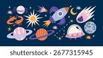 Cartoon space stickers. Galactic elements, planets, rocket, UFO, astronaut, satellite. Shapes of the future of the universe in gravity, trendy retro doodle groovy stickers 90s