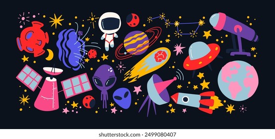 Cartoon space stickers. Galactic elements, planets, rocket, UFO, astronaut, satellite. Shapes of the future of the universe in gravity, trendy retro doodle groovy stickers 90s