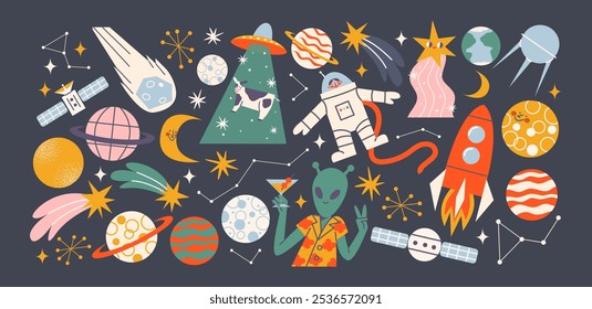 Cartoon space stickers. Galactic elements, planets, rocket, UFO, astronaut, satellite. Shapes of the future of the universe in gravity, trendy retro doodle groovy stickers 90s