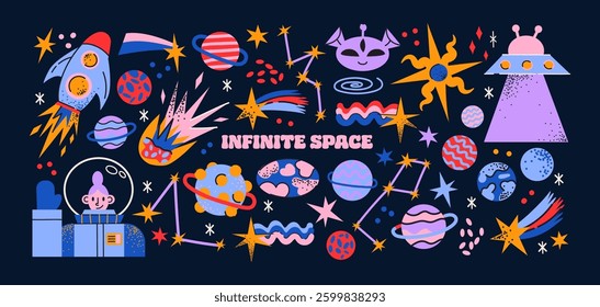 Cartoon space stickers. Galactic elements, planets, rocket, UFO, astronaut, satellite. Shapes of the future of the universe in gravity, trendy retro doodle groovy stickers 90s	
