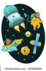 Cartoon Space Theme With Rockets Astronauts Monkey Asteroids Stars Planets Vector Illustration