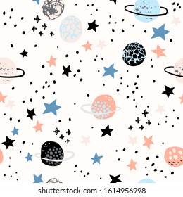 Cartoon space themed background: cute planets, moon, stars, galaxy, milky way with grunge, doodle textures. Cosmos art illustration for kids nursery wallpaper, textile design