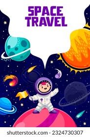 Cartel de viaje espacial de caricatura. Astronauta de dibujos animados en el planeta espacial en la galaxia estelar externa. Cosmonauta vectorial divertido con bandera de pie en la superficie del planeta alienígena, explorar Universo en viaje interestelar