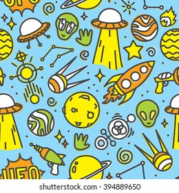 Cartoon space ufo aliens seamless vector pattern blue