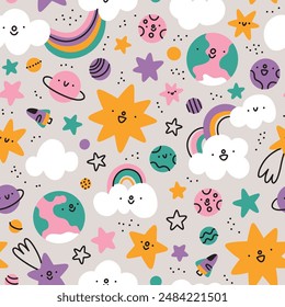 Cartoon space vector seamless pattern with cute stars, clouds and planets, bright background illustration for kids