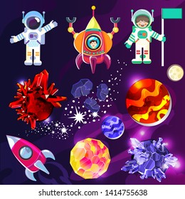 Cartoon space. Vector set of cosmic elements. Astronaut in space on a rocket. A collection of planets and asteroids. Drawing for children.