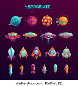 Cartoon space war concept. Alien planets, UFOs, rockets and missiles objects in the kit. Fantasy cosmic items for mobile game or web design. Vector GUI elements on space background.