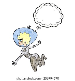 cartoon space woman with thought bubble