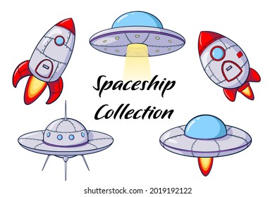 Cartoon Spacecraft and Rocket Collection. Ufo and shuttle for space flight and exploration design, galaxy computer and smartphone game, kids room decoration, stickers, prints
