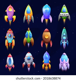 Cartoon spacecraft, rockets and spaceships. Vector space ships, fantasy vehicles with jet engine, portholes and wings for travel in outer space. Futuristic shuttles game asset