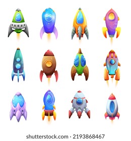 Cartoon spacecraft rockets and spaceships vector icons. Kids rockets or spacecraft shuttles on startup to galaxy space with illuminators, spaceflight and cosmic space adventure