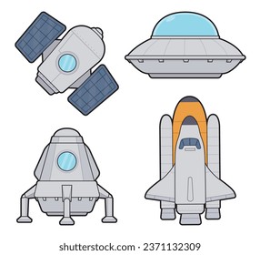 Cartoon spacecraft vector iillustration set.